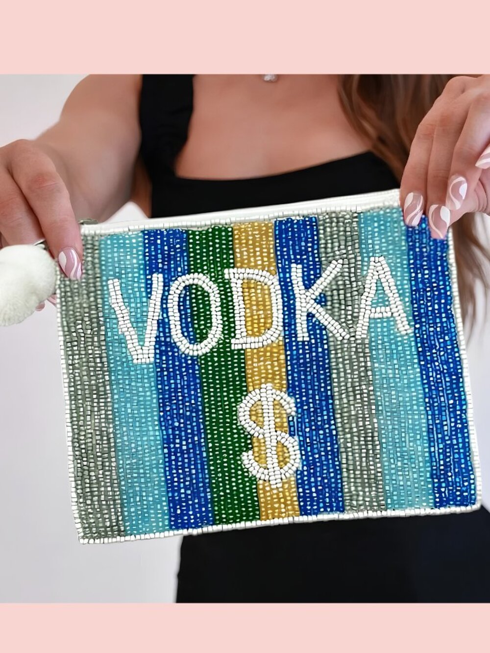 VODKA FUNDS Large Seed Beaded Storage Money Coin Zipper Pom-Pom Pouch NEW